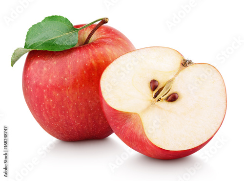 Fotografering Ripe red apple fruit with apple half and green leaf isolated on white background
