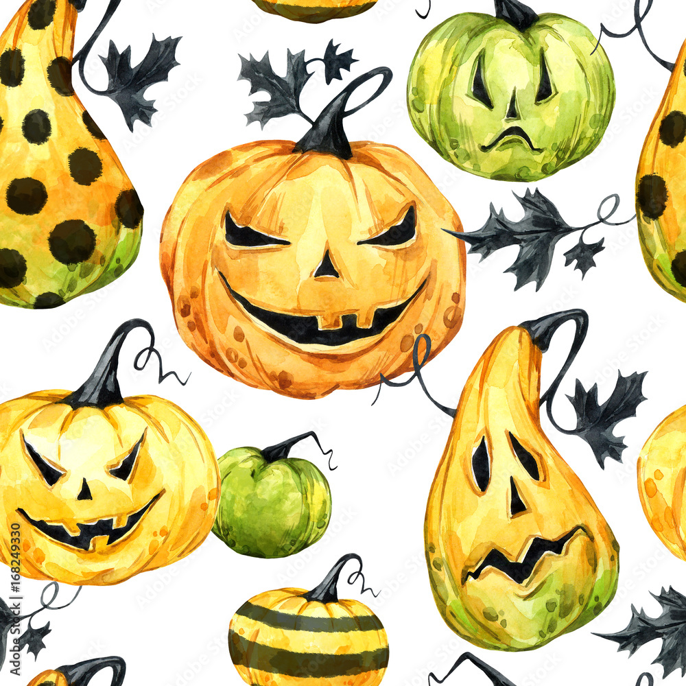 Watercolor seamless pattern, pumpkins with leafes. Halloween holiday ...