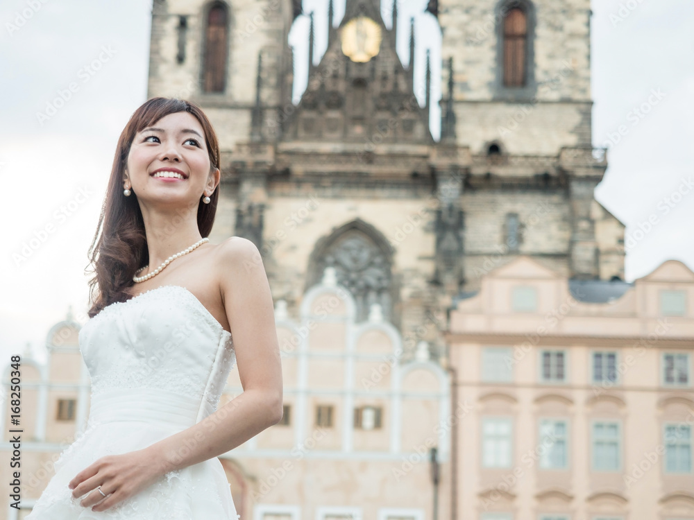 Fototapeta premium attractive asian woman wedding image in europe