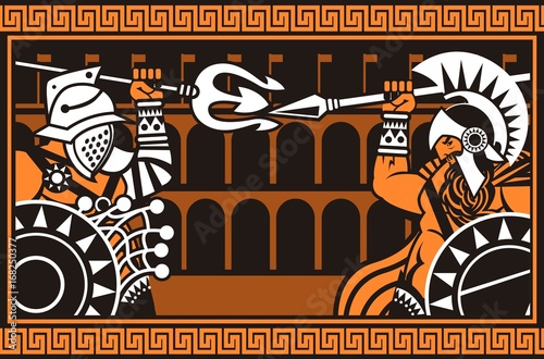 reciary net gladiator fighting in arena coliseum against spartan soldier