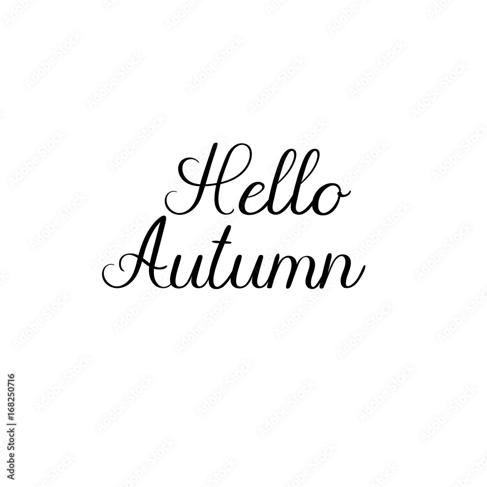 Hello Autumn calligraphy inscription. Autumn greeting card, postcard, card, invitation, banner template. Vector brush calligraphy. Autumn hand lettering typography.