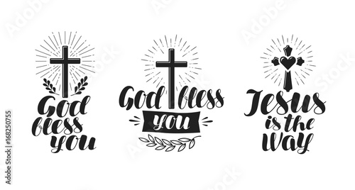 Religion, cross, crucifixion icon or symbol. Lettering, calligraphy vector illustration