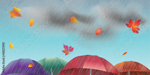 Rainy day Autumn landscape with fall leaves, umbrella, rain, sky clouds. Fall rain weather, fall season, Rainfall, rain drops background vector Realistic painting.