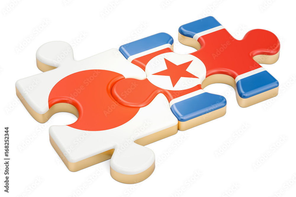 North Korea and Japan puzzles from flags, 3D rendering North Korea and Japan puzzles from flags, 3D rendering