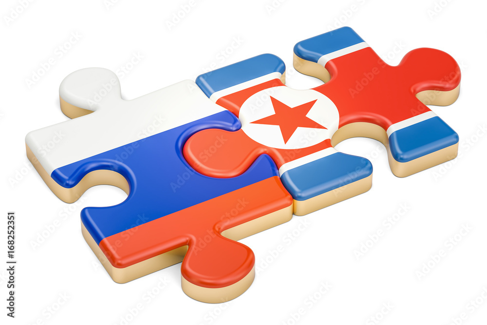 North Korea and Russia puzzles from flags, 3D rendering North Korea and Russia puzzles from flags, 3D rendering