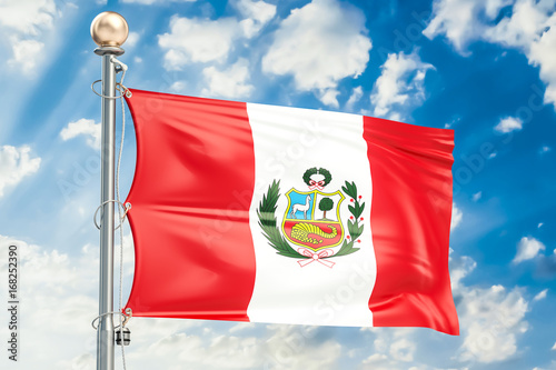 Bilde på lerret Peru flag waving in blue cloudy sky, 3D rendering
