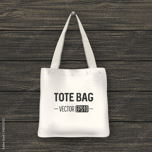 Realistic vector white textile tote bag. Closeup on wood background. Design template for branding, mockup. EPS10.