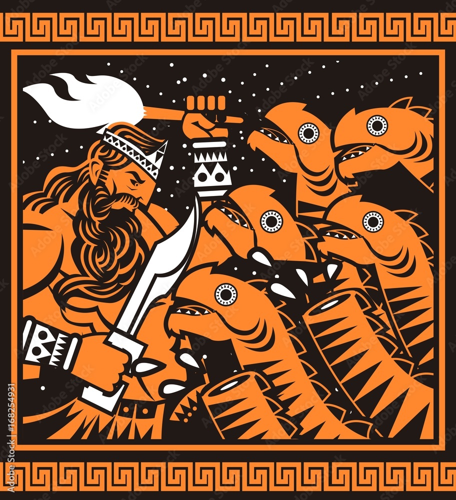 Fototapeta orange and black painting of greek mythology hercules cutting hydra heads