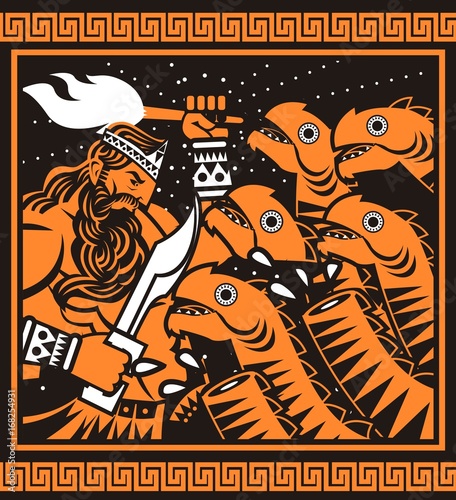 orange and black painting of greek mythology hercules cutting hydra heads