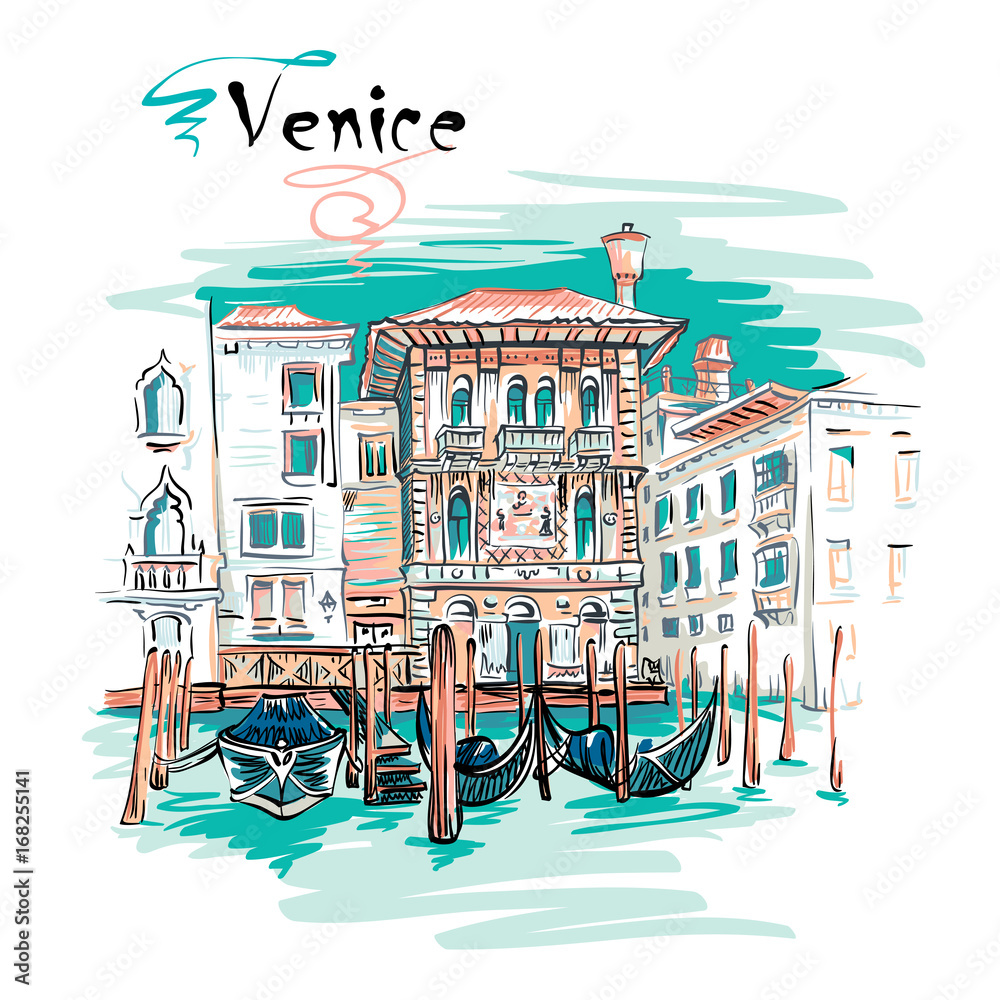 Fototapeta premium Malowniczy widok wektor z Palazzo w stylu weneckiego gotyku na Canal Grande w letni dzień, Wenecja, Włochy.
