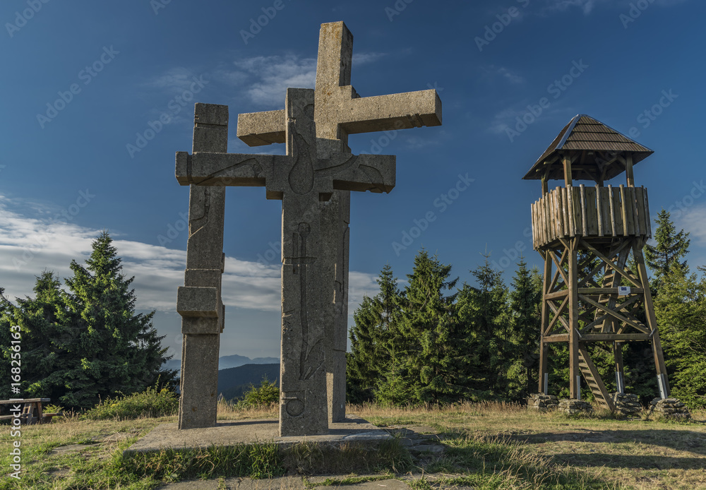On hill Stratenec with crosses and observation tower