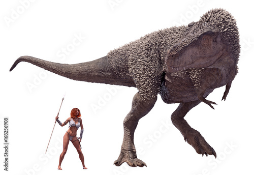 A 3D rendering of a female Tyrannosaurus Rex and a cave woman  isolated on a white background.