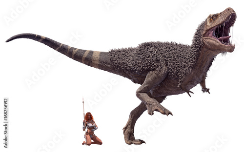 Canvas Print A 3D rendering of a male Tyrannosaurus Rex and a cave woman, isolated on a white background