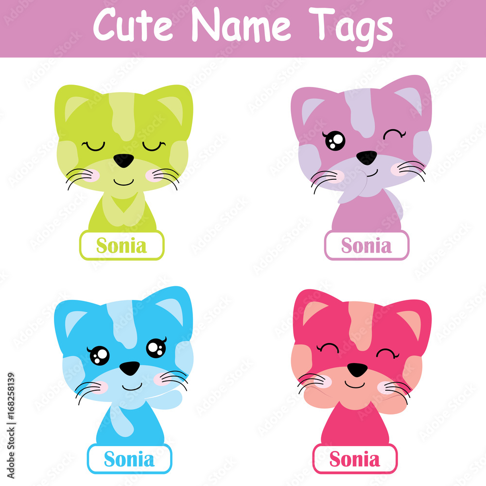 Name tag Vector cartoon of colorful cute cat girl suitable for kid name tag  set design, label name, and sticker set Stock Vector | Adobe Stock