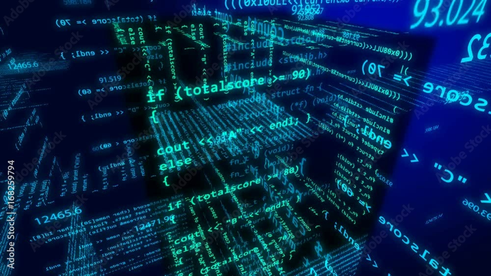 Abstract digital html web design code for developers background on dark.