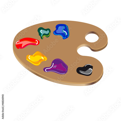On white background isolated wooden palette colored paints