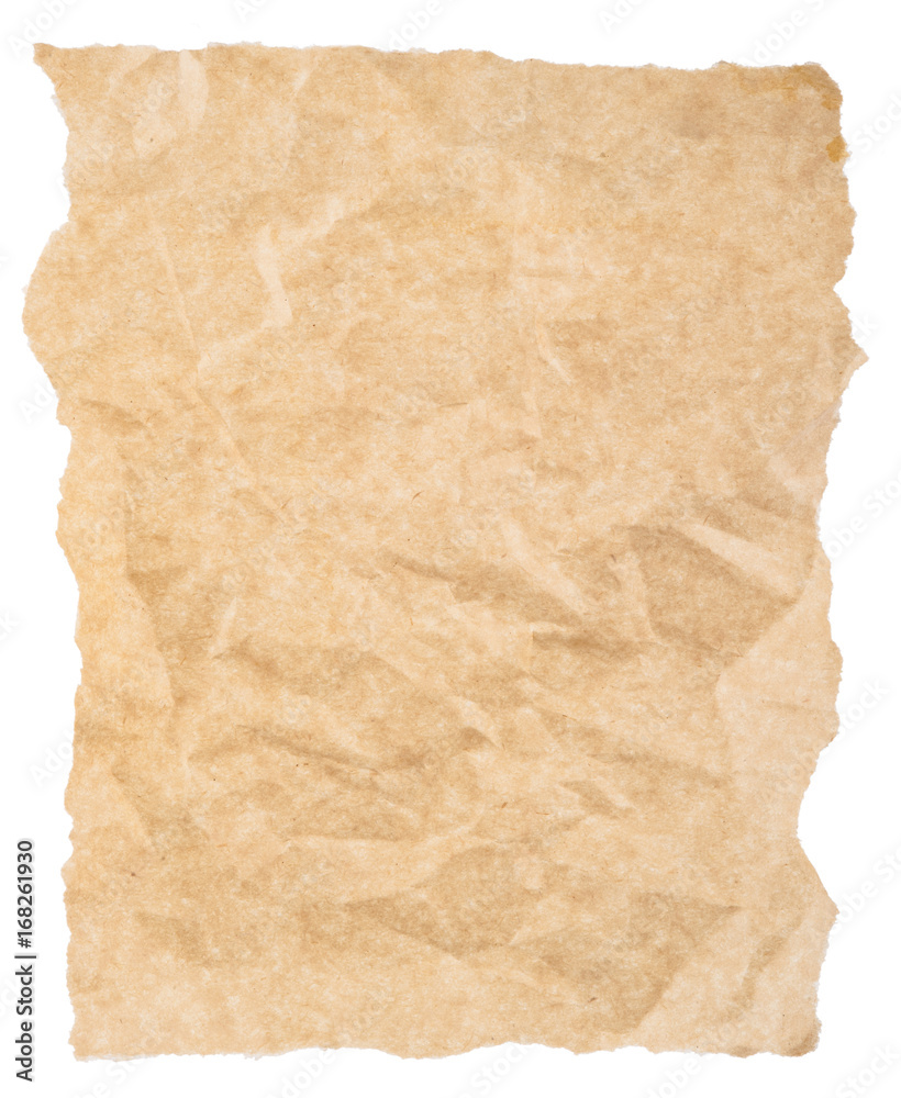 Torn piece of old rough paper isolated on white