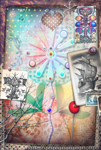 Psychedelic background with alchemical and mystic flowers and ethnic draws