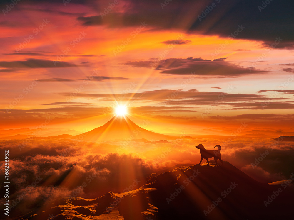 Fototapeta premium 富士山の日の出と犬のシルエット