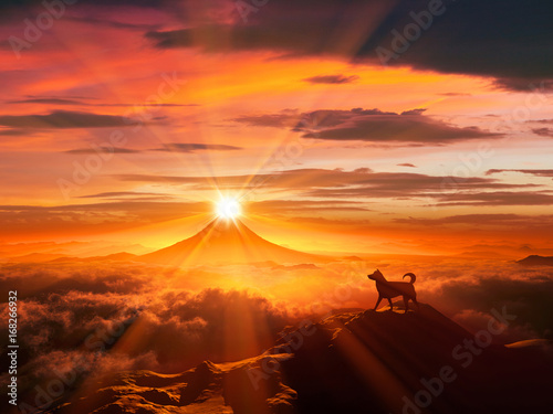 富士山の日の出と犬のシルエット