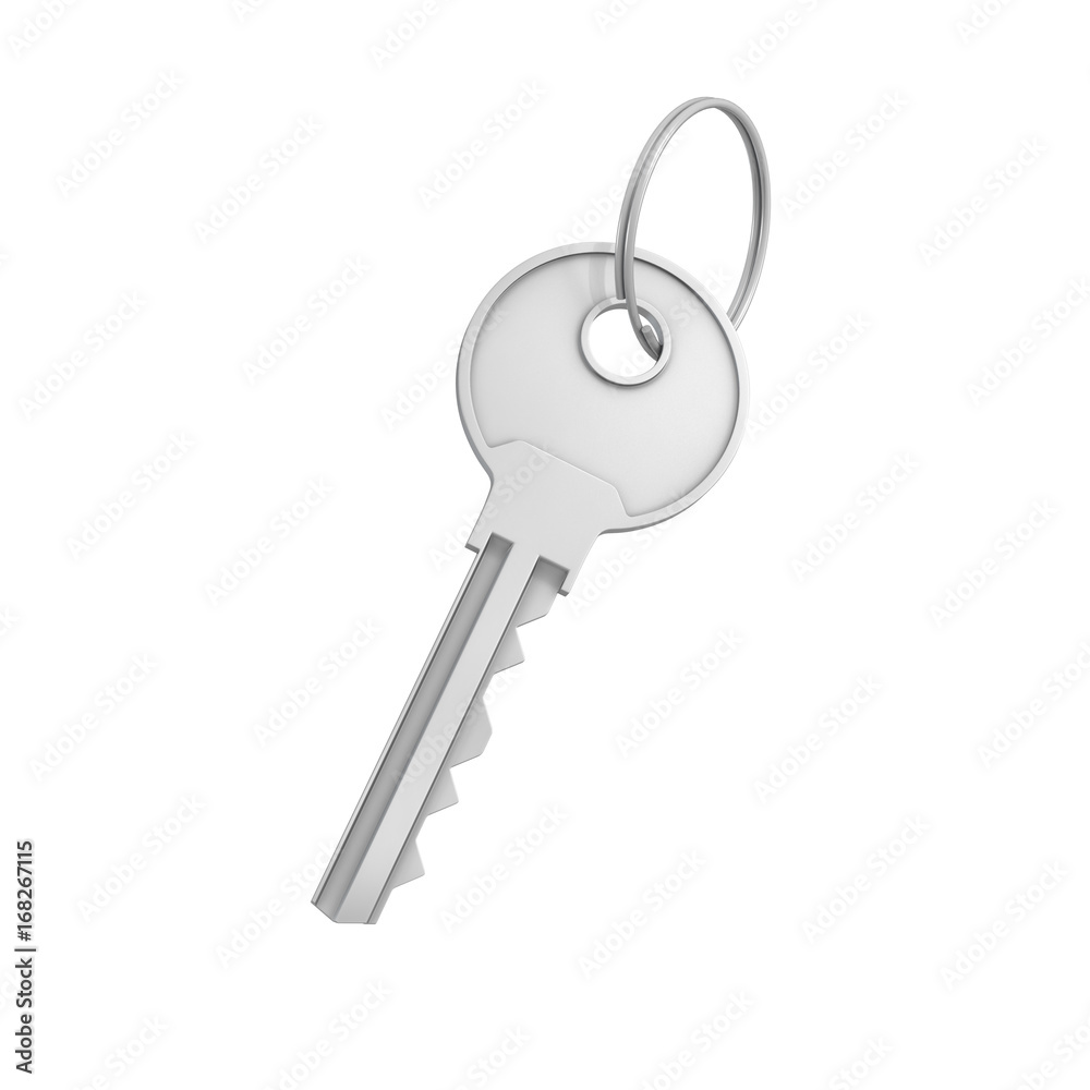 3d rendering of a single silver key for a pin tumbler lock isolated on white backgroun 3d rendering of a single silver key for a pin tumbler lock isolated on white backgroun