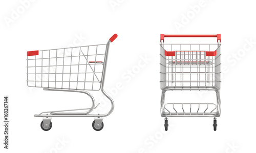 3d rendering of a shopping cart with a red handle in front and side view on white background.