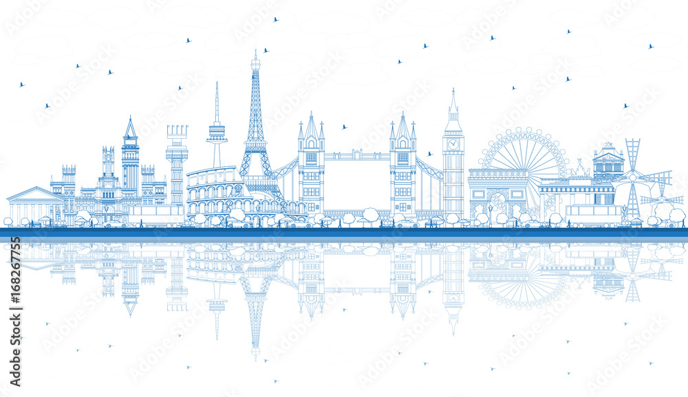 Outline Famous Landmarks in Europe with Reflections.