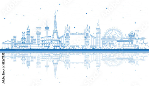 Photography Outline Famous Landmarks in Europe with Reflections.