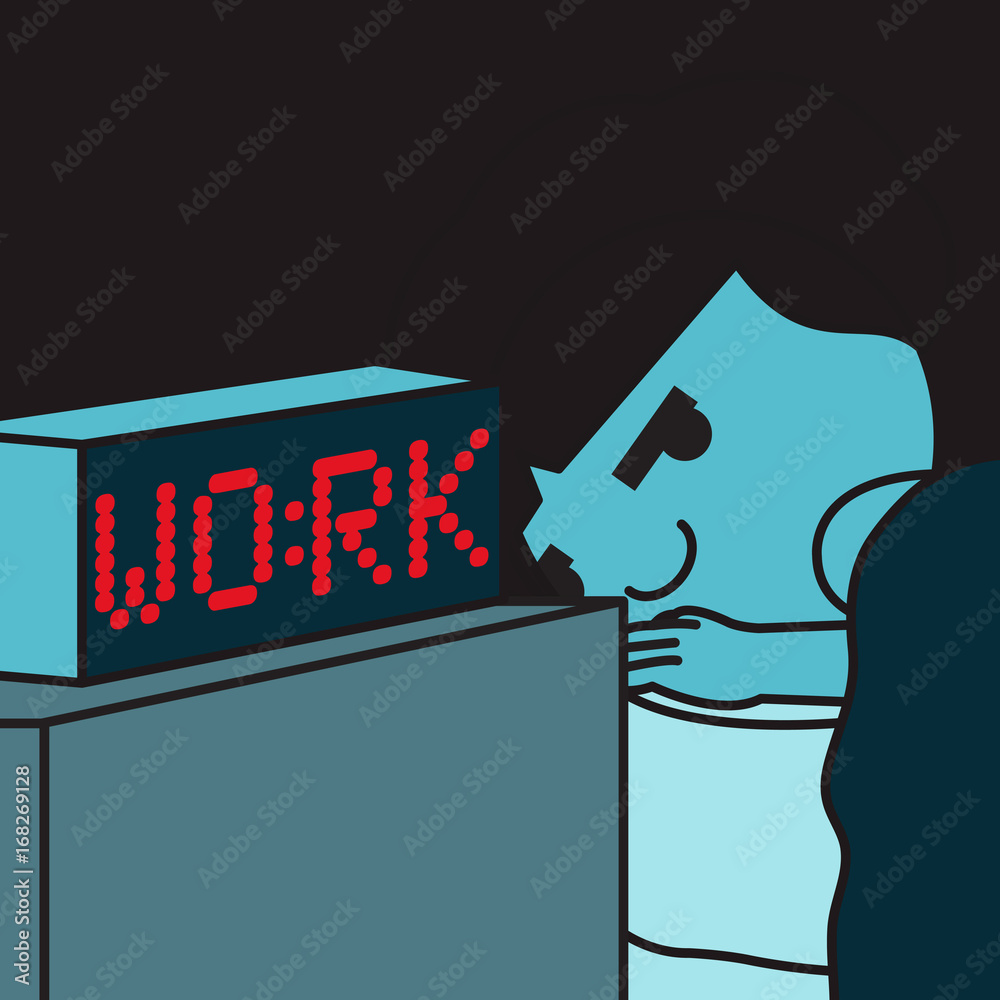 A Girl Waking Up In Bed Next To Her Alarm Clock Showing Work Word