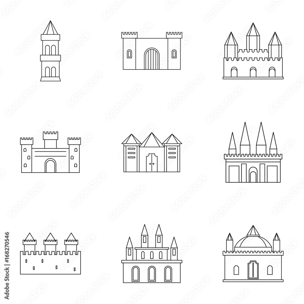 Ancient fortresses icon set, outline style