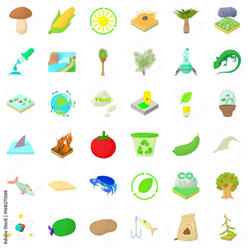 Biology in nature icons set, cartoon style