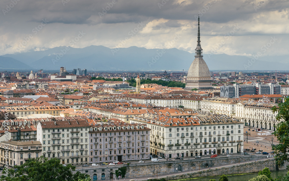 Turin, Italy panorama including the iconic Mole Antonelliana
