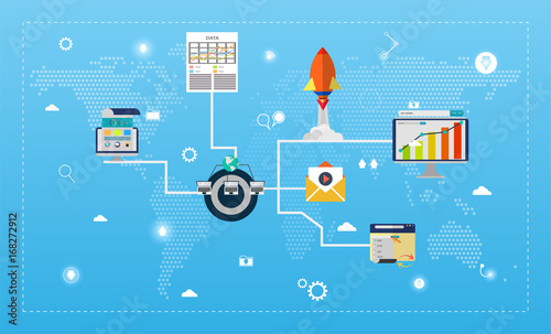 Online Marketing vector illustration. Internet business process - abstract banner in flat style. Concept of strategy, analytics, successful result and profit growth.