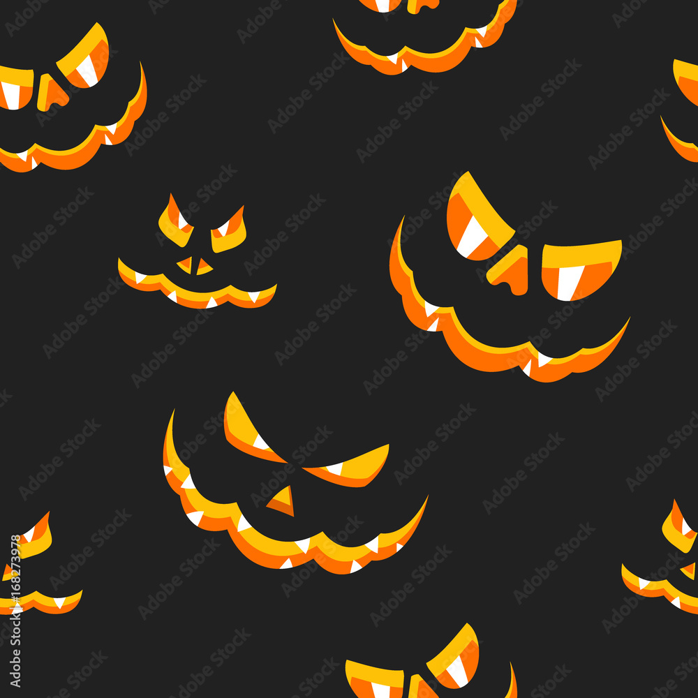 Halloween pumpkins carved faces seamless pattern. Flat vector cartoon illustration. Objects isolated on background. Halloween pumpkins carved faces seamless pattern. Flat vector cartoon illustration. Objects isolated on background.