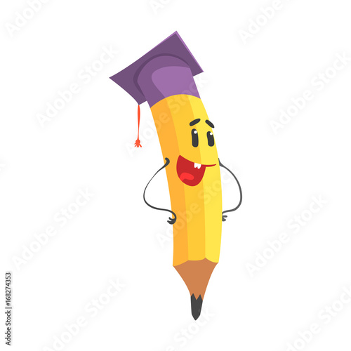Cute cartoon yellow pencil character wearing graduation cap, humanized funny pencil vector Illustration