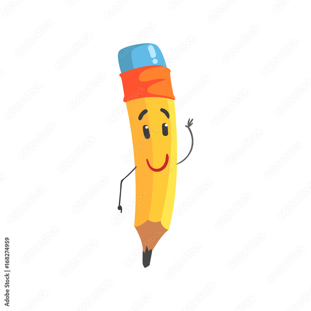 Cute kindly cartoon yellow pencil character, humanized funny pencil vector Illustration