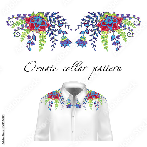 Vector design for collar shirts and blouses. Colorful ethnic flowers neck line. Embroidery for Fashion