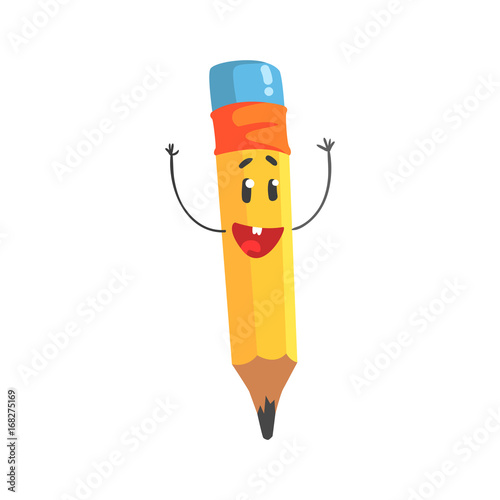 Cute happy cartoon yellow pencil character with hands up, humanized funny pencil vector Illustration