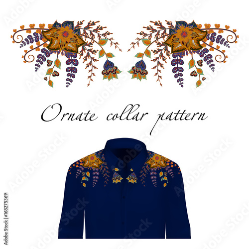 Vector design for collar shirts and blouses. Colorful ethnic flowers neck line. Embroidery for Fashion