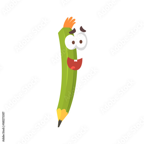 Cute cartoon green pencil comic character, humanized pencil with funny smiling face vector Illustration