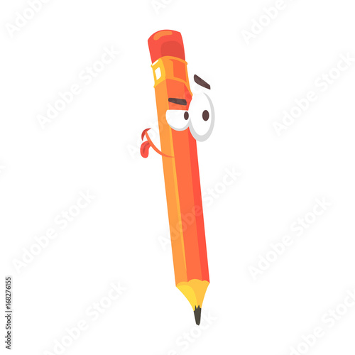 Cute cartoon orange pencil comic character, humanized pencil with funny face vector Illustration
