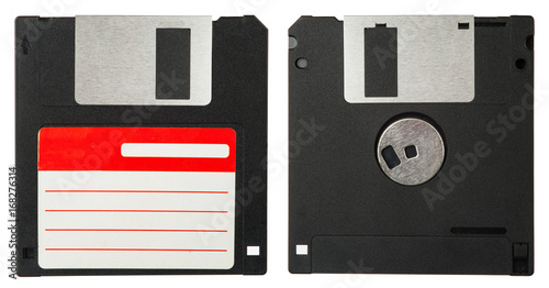 Front and back of a black floppy disk photo