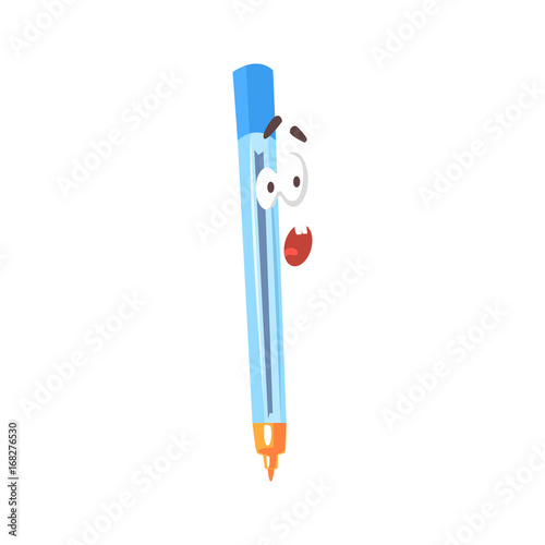 Surprised cartoon blue pen comic character, humanized pen with funny face vector Illustration