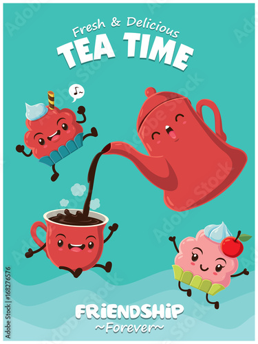 Vintage food poster design with vector coffee & cupcake character.