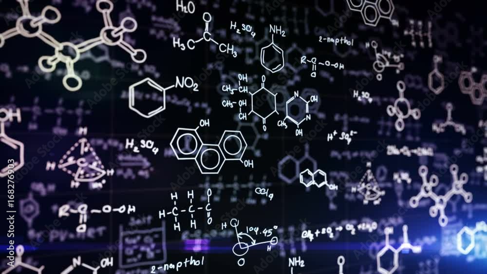 Chemical formulas on blue background. Science concept.