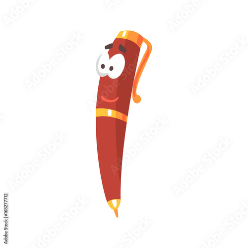 Frienfly cartoon red pen comic character, humanized pen with funny face vector Illustration
