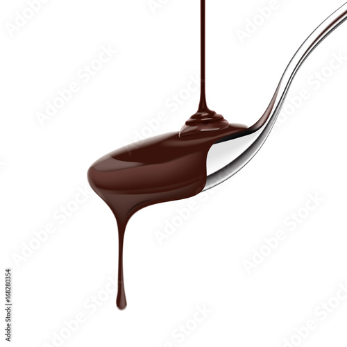 Hot melted chocolate pouring in the spoon and dripping out. 3d vector realism illustration