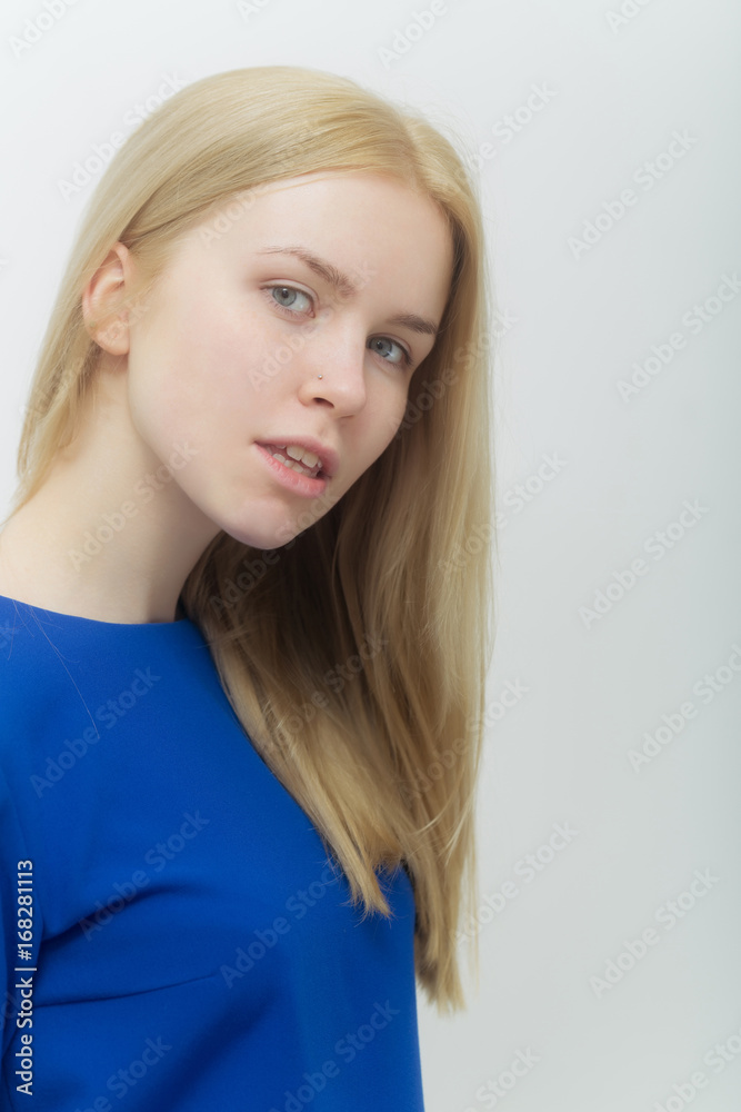 Fototapeta premium Girl with no makeup on face and blond long hair