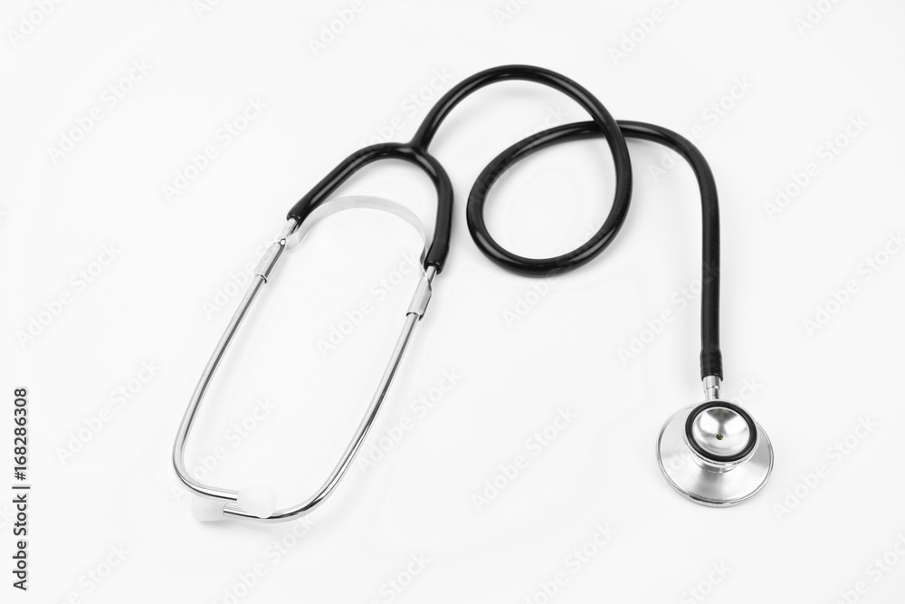 Close up view of black stethoscope on white isolate background Close up view of black stethoscope on white isolate background