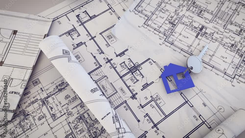 House Key falling on a blueprint. Concept.
